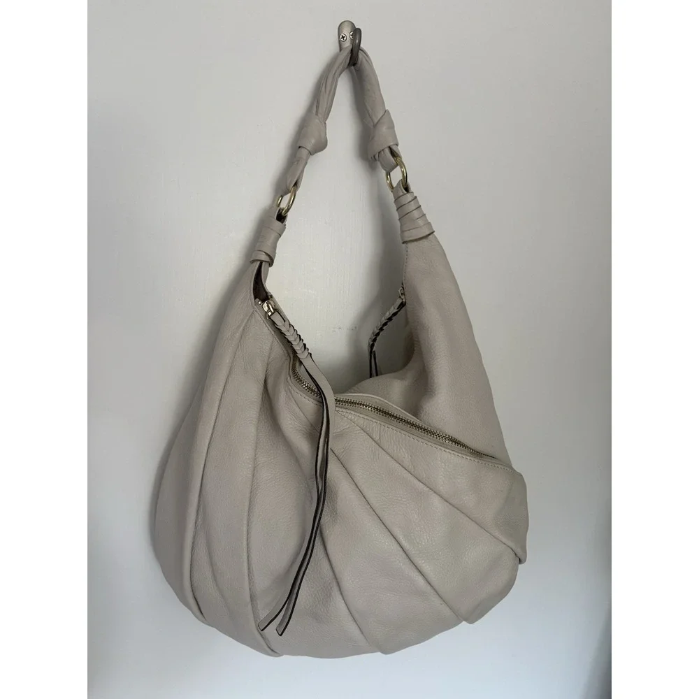 Vince Comuto Cream Pebbled Leather Pleated Hobo Bag Slouchy Braided Tassel Y2K